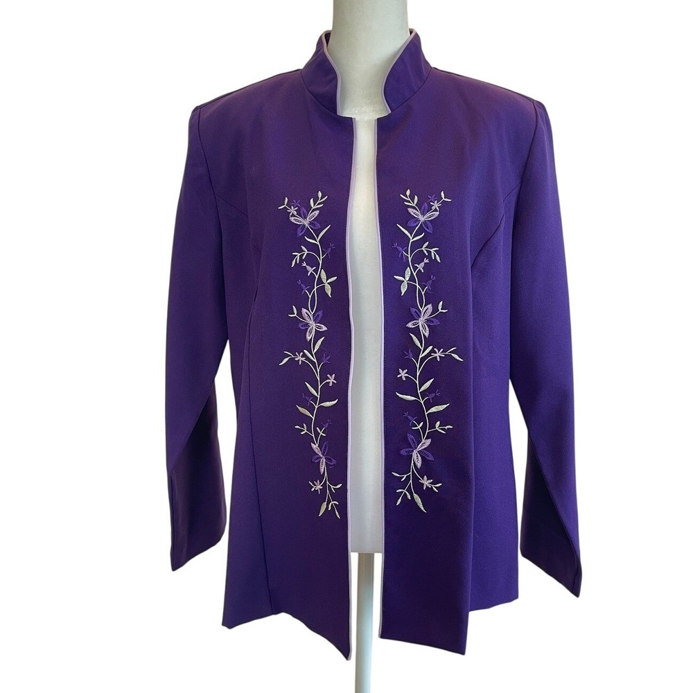 Sara Morgan for Haband Purple Embroidered Open Front Jacket Blazer Womens Medium